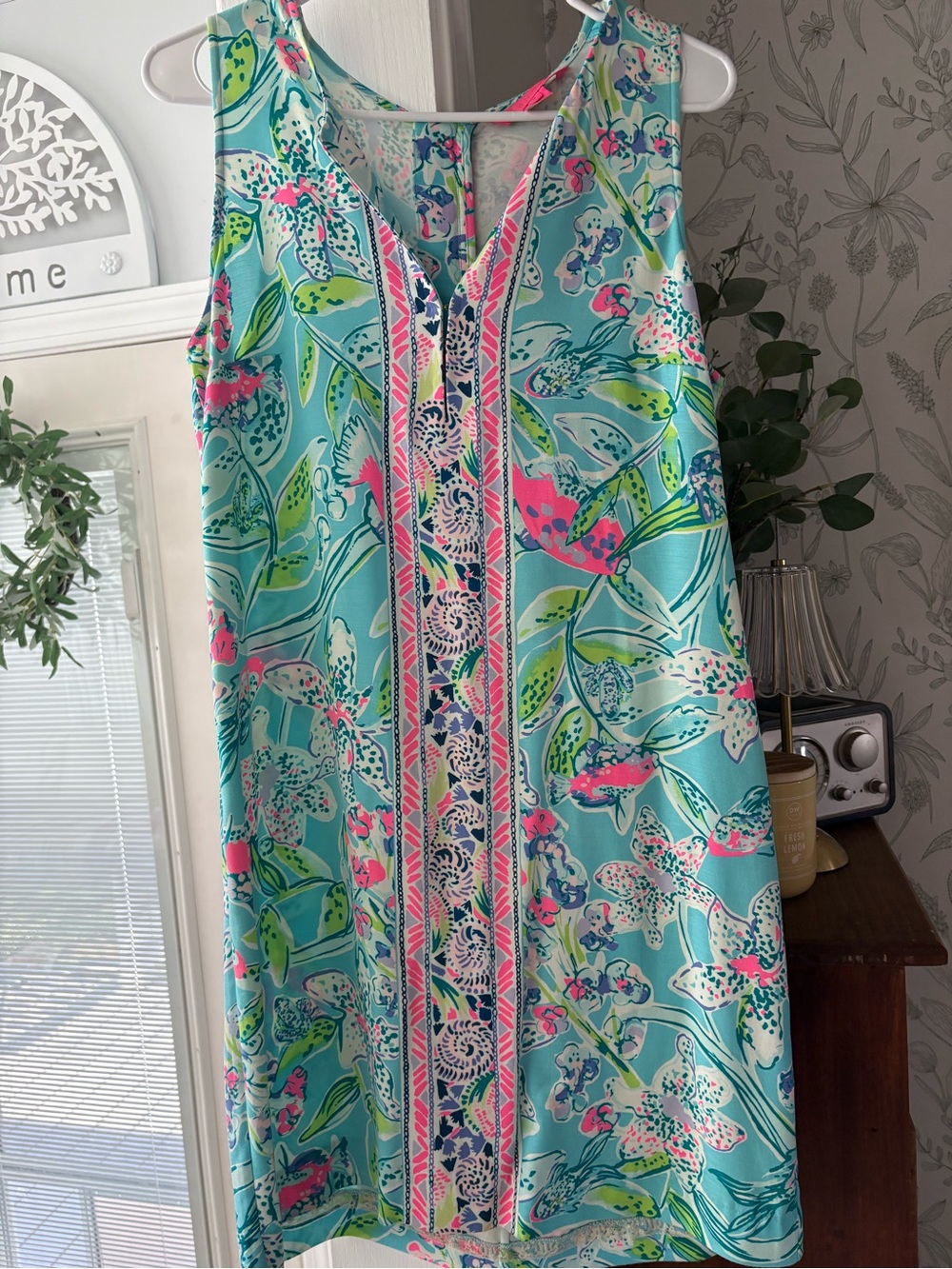Lilly Pulitzer Aqua Floral Sleeveless Shift with Pink & Green Accents